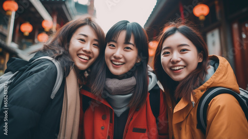 仲良し3人組の若い日本人女性が秋の京都を旅行している