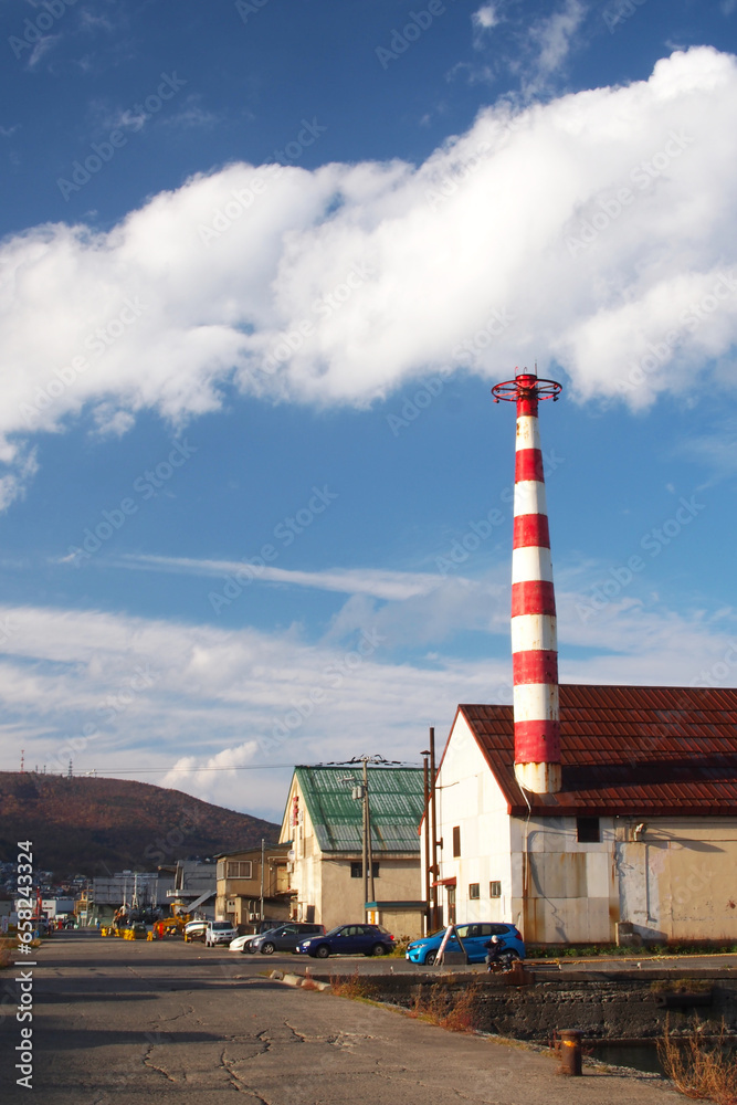 A landscape of The factory chimney in Otaru city, Hokkaido, Japan. Picture for use in illustrations Background image or copy space