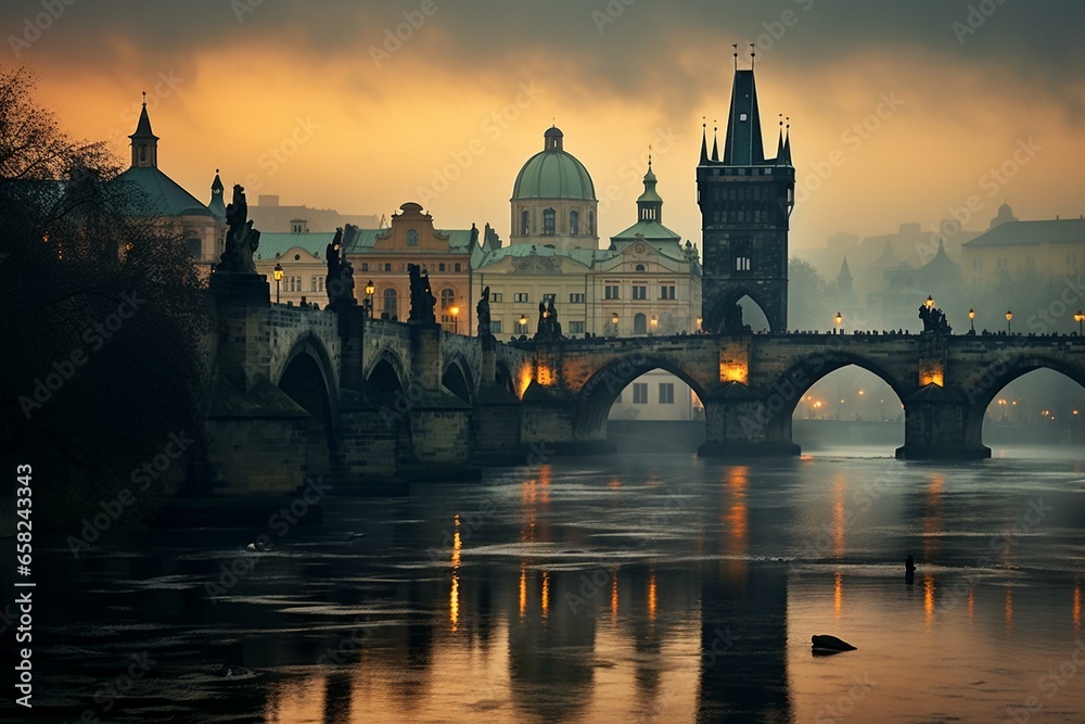 Prague's enchanting Charles Bridge in a foggy, mystical morning. Generative AI