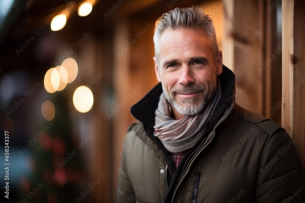 Portrait of a handsome middle-aged man wearing a winter jacket and scarf Portrait of a handsome middle-aged man wearing a winter jacket and scarf