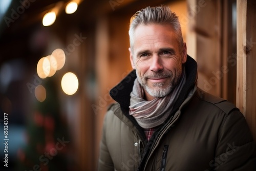 Portrait of a handsome middle-aged man wearing a winter jacket and scarf