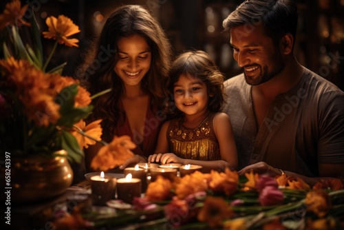 Happy Indian Family Lighting Diyas at Night Generative Ai