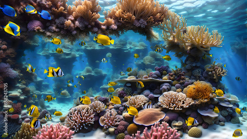 Seafloor illustration group of fish swimming around a coral reef © AlexZel