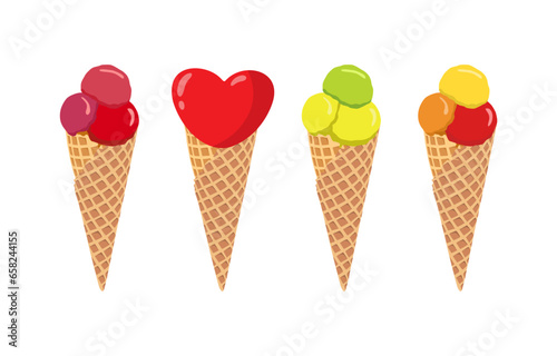 Set of ice cream cones. Heart and bubble shapes.