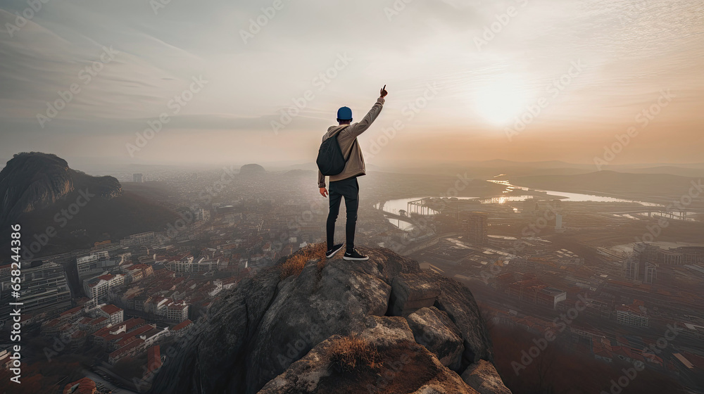 Fototapeta premium Youthful traveler on cliff over city