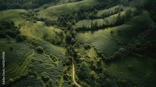 Aerial of green hilly landscape