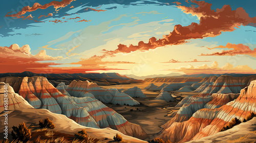 Scenic view of Badlands National Park in South Dakota during sunrise in landscape comic style. Digital illustration generative AI. photo