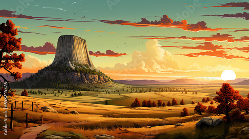 Scenic view of Devils Tower in Wyoming during sunrise in landscape comic style. Digital illustration generative AI.