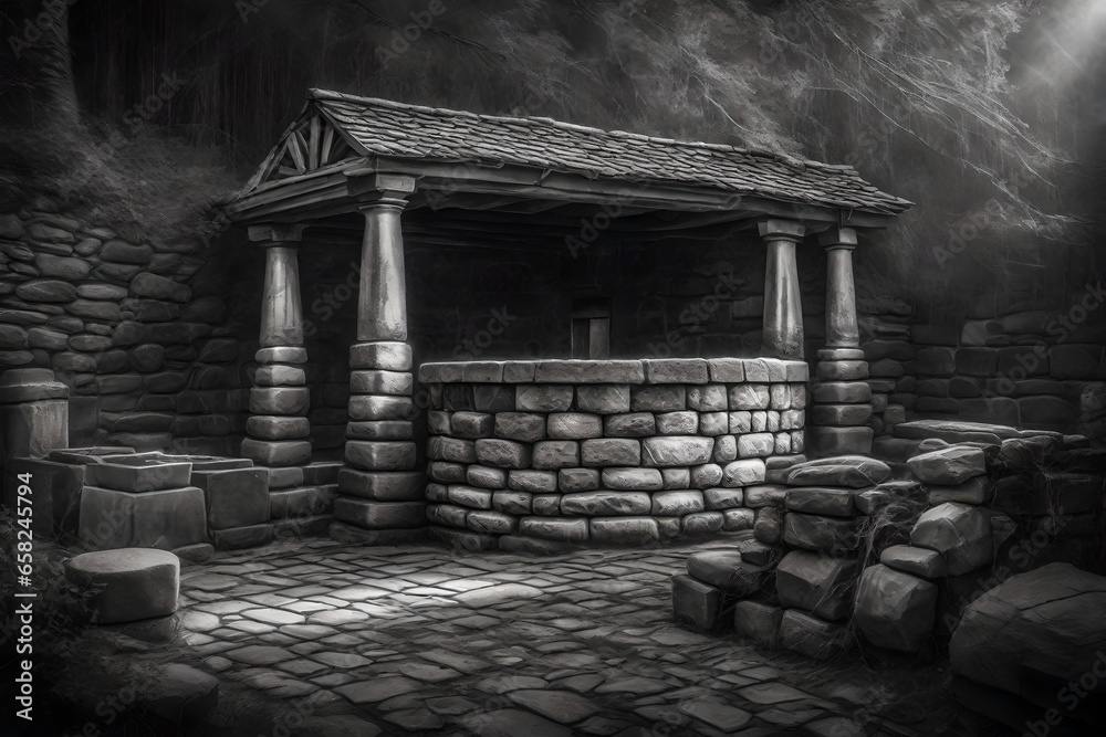 Black and white light pencil sketch illustration of spooky abandoned old stone well - AI Generative Black and white light pencil sketch illustration of spooky abandoned old stone well - AI Generative