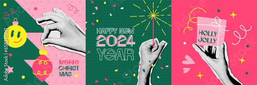 Merry Christmas and Happy New Year set of 90s vintage mixed media cards. Halftone dotted hands hanging balls, giving gifts and holding sparkler. Trendy vector illustration in 1990s collage style