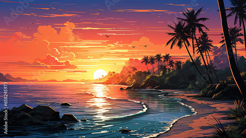Scenic view of Florida Keys, beach and sea during sunrise or sunset, in landscape comic style. Digital illustration generative AI.