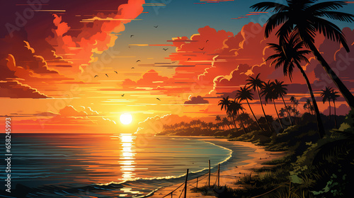 Scenic view of Florida Keys, beach and sea during sunrise or sunset, in landscape comic style. Digital illustration generative AI. © Tepsarit