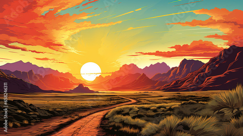 Scenic view of Death Valley National Park in California during sunrise or sunset, in landscape comic style. Digital illustration generative AI.