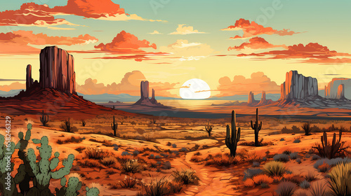 Scenic view of Monument Valley, Arizona, Utah, during sunrise or sunset, in landscape comic style. Digital illustration generative AI.