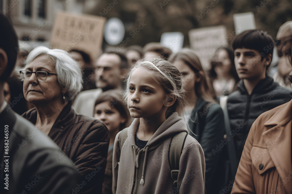 group of people protesting, girl with blonde hair in the front, looking hopeless