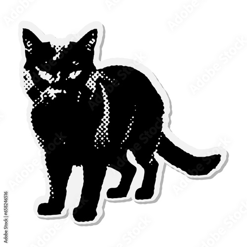 Black cat - Halloween halftone mixed media collage paper sticker. Dotted Vintage illustration in 90s zine Paper piece style.