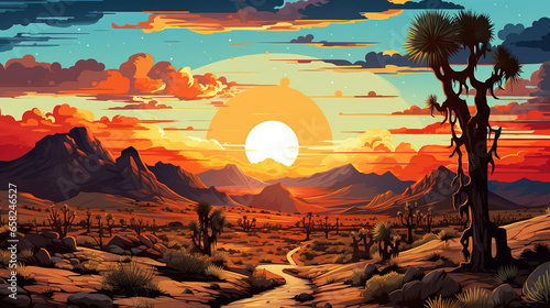 Scenic view of Joshua Tree National Park, California, during sunrise or sunset, in landscape comic style. Digital illustration generative AI.
