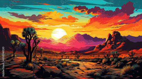 Scenic view of Joshua Tree National Park  California  during sunrise or sunset  in landscape comic style. Digital illustration generative AI.