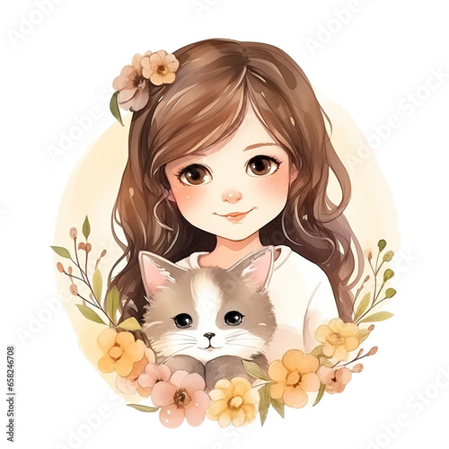 Watercolor illustration of beautiful girl with her cat in floral circle frame isolated on white background. Digital illustration generative AI.