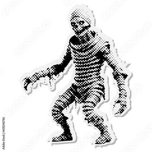 Walking mummy - Halloween halftone mixed media collage paper sticker. Dotted Vintage illustration in 90s zine Paper piece style.