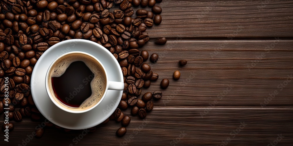 Savoring cup of espresso on wooden table. Morning coffee bean delight. Fresh aroma and ambiance. Vintage cafe vibes Savoring cup of espresso on wooden table. Morning coffee bean delight. Fresh aroma and ambiance. Vintage cafe vibes