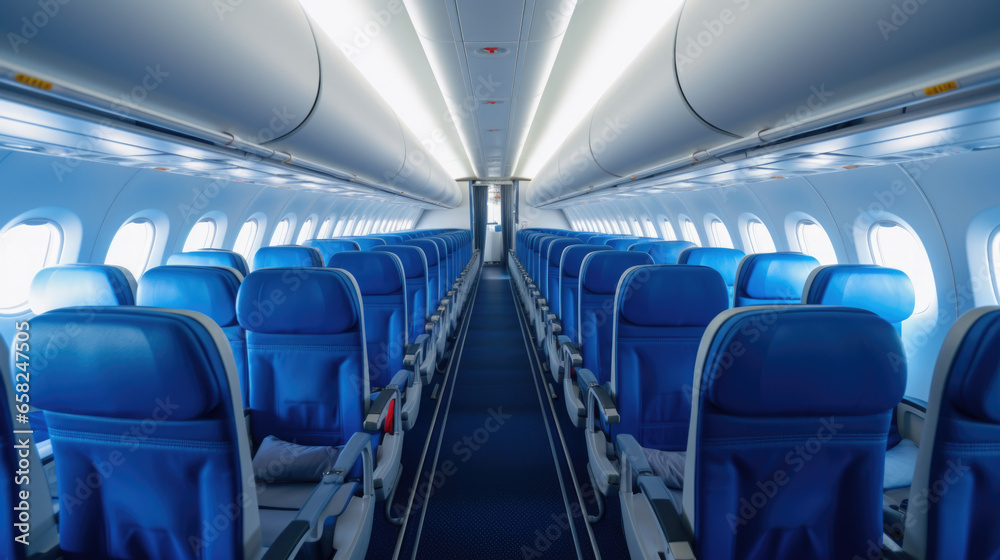 Fototapeta premium Modern Airplane seats in perspective. Transportation concept. Aircraft's corridor interior in modern tones.
