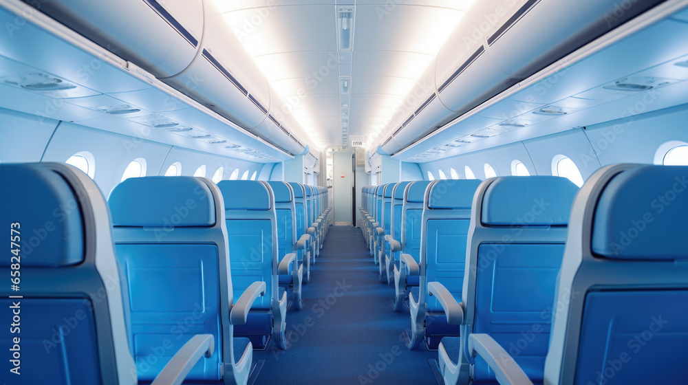 Modern Airplane seats in perspective. Transportation concept. Aircraft's corridor interior in modern tones.