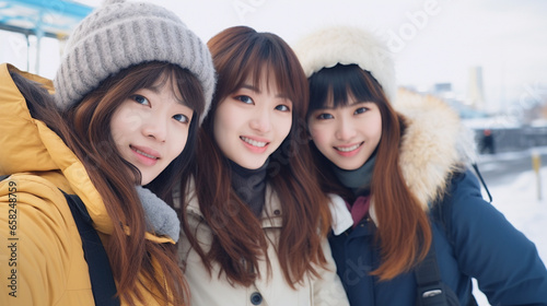 北海道を旅行で訪れた仲良し3人組の日本人の若い女性