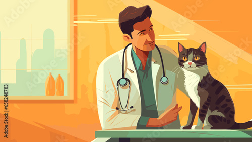 copy space, vector illustration, Veterinary care and facilities, veterinary taking care of an sick cat. Healthcare for animals. Veterinary trying to cure a sick cat. Medical healthcare for pets.