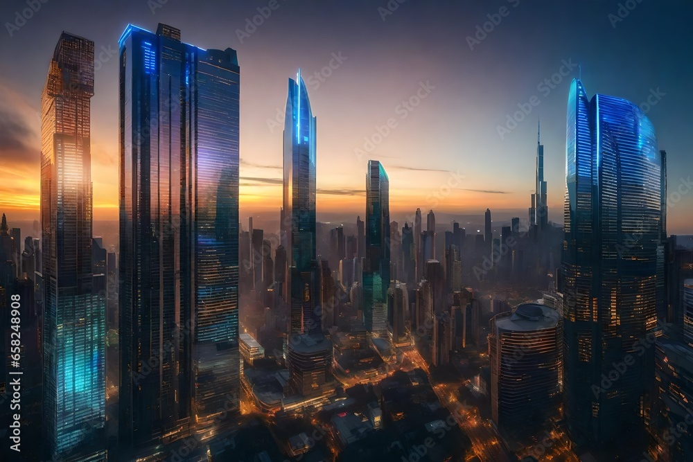 A sunset view of a futuristic metropolitan skyline with slender buildings and holographic billboards.
