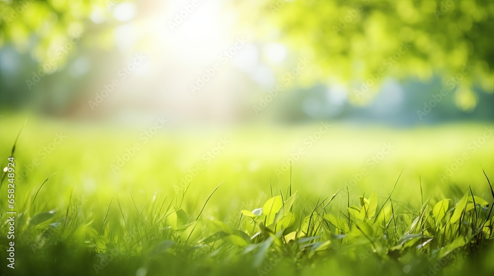 Spring summer background with frame of grass and leaves on nature. Juicy lush green grass on meadow in morning sunny light outdoors, copy space, soft focus, defocus background.