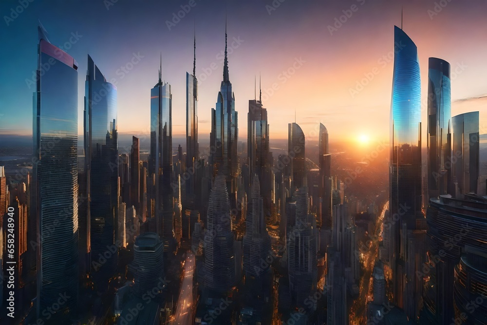 A sunset view of the futuristic city skyline with holographic billboards and elegant towers.