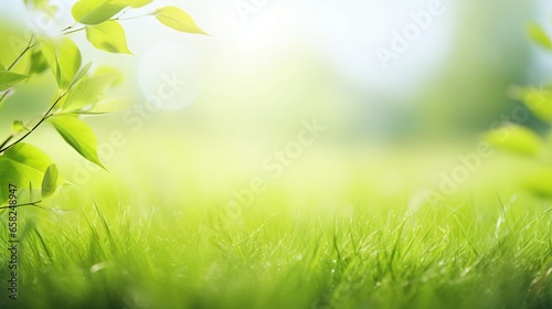 Spring summer background with frame of grass and leaves on nature. Juicy lush green grass on meadow in morning sunny light outdoors  copy space  soft focus  defocus background.