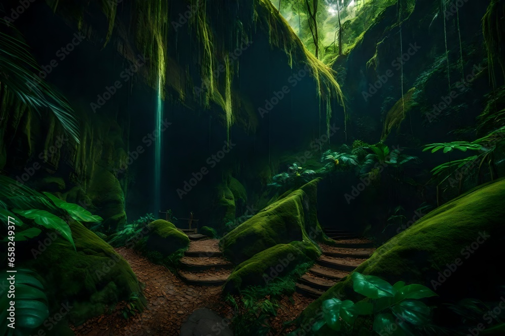 A secret world is accessible through a concealed cave entrance amid a verdant rainforest. 