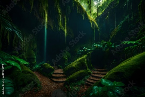 A secret world is accessible through a concealed cave entrance amid a verdant rainforest. 