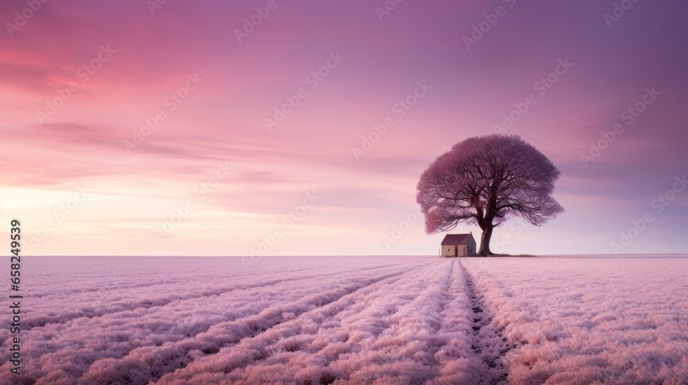 petite maison isolée au milieu des champs gelés en hiver - obrazy, fototapety, plakaty 