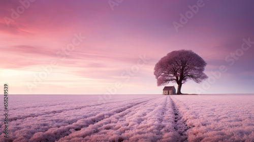 petite maison isolée au milieu des champs gelés en hiver photo