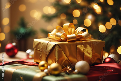 christmas gift box with golden ribbon