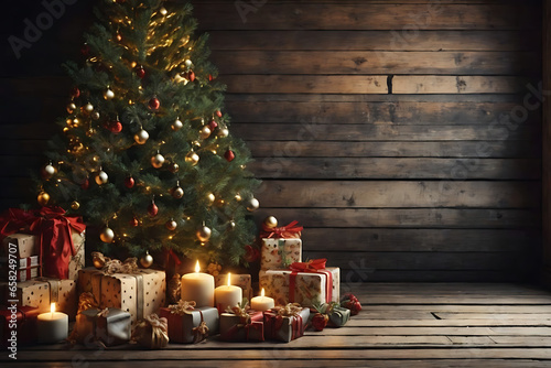 christmas tree with presents on a rustic wooden background