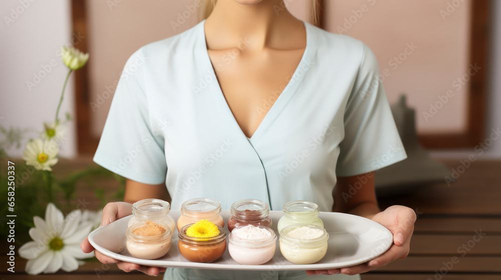 Elegance in Expert Hands - Beauty Therapist's Tray of Tranquility. Generative AI Elegance in Expert Hands - Beauty Therapist's Tray of Tranquility. Generative AI