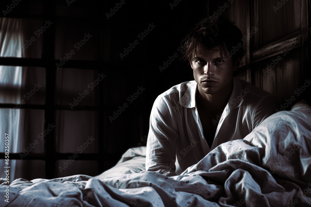 Poignant scene of a distraught young man sitting on his bed reflecting on love woes. Poignant scene of a distraught young man sitting on his bed reflecting on love woes.