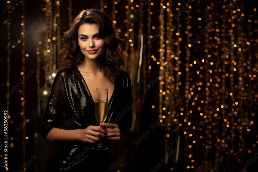 Beautiful sexy woman with brown dark long hair, black elegant dress, holding a glass of Champagne at New Year party, holiday lights background - obrazy, fototapety, plakaty 