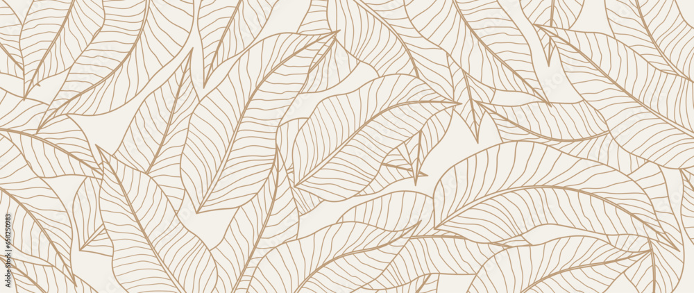 Botanical leaf line art wallpaper background vector. Luxurious hand drawn foliage design in a minimalist linear outline simple boho style. Design for fabric, print, cover, banner, invitation