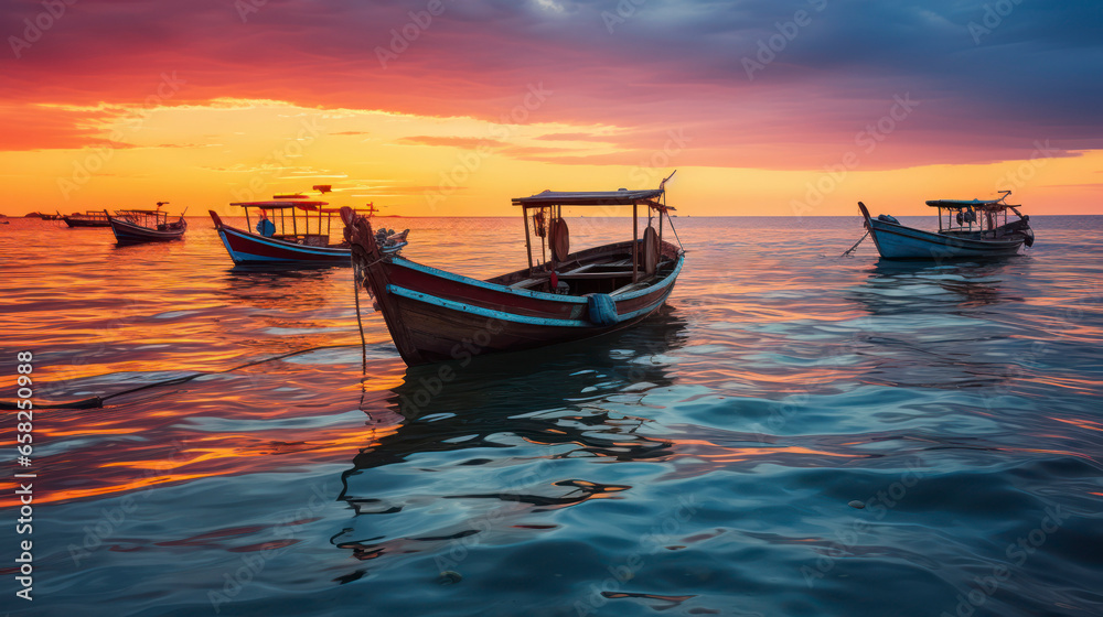 Traditional Boats floating on water at sunset in front of Seashore. Generative AI