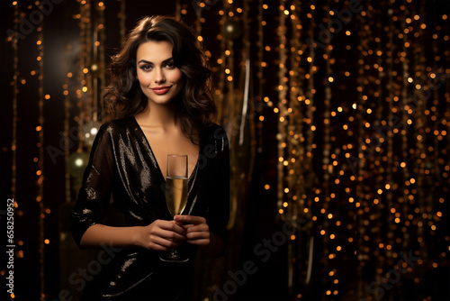 Beautiful sexy woman with brown dark long hair, black elegant dress, holding a glass of Champagne at New Year party, holiday lights background