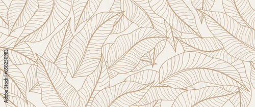 Botanical leaf line art wallpaper background vector. Luxurious hand drawn foliage design in a minimalist linear outline simple boho style. Design for fabric, print, cover, banner, invitation