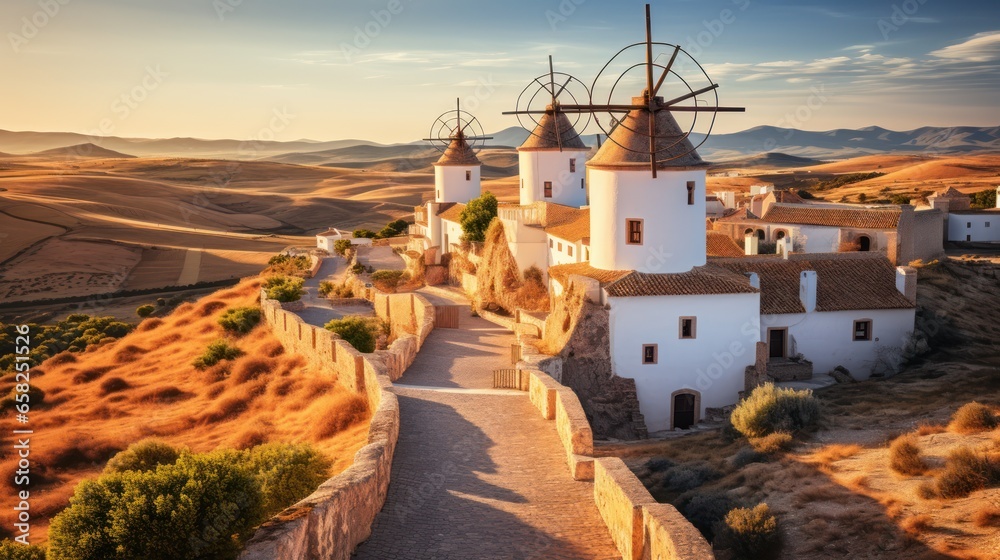 Obraz premium Aerial view of traditional medieval spanish windmills in Consuegra at sunset. Generative AI