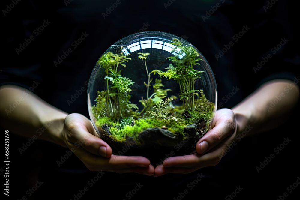 Green Thumb: Hands Holding Fresh Plants in Glass Bowl. Green Thumb: Hands Holding Fresh Plants in Glass Bowl.