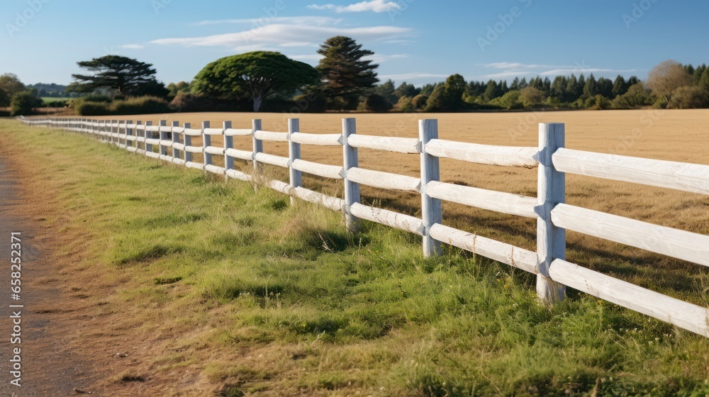 Field with a white wooden fence. Generative AI