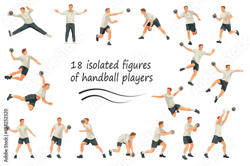Set of 18 vector isolated figures of handball players and keepers team jumping, running, standing in goal in white uniforms